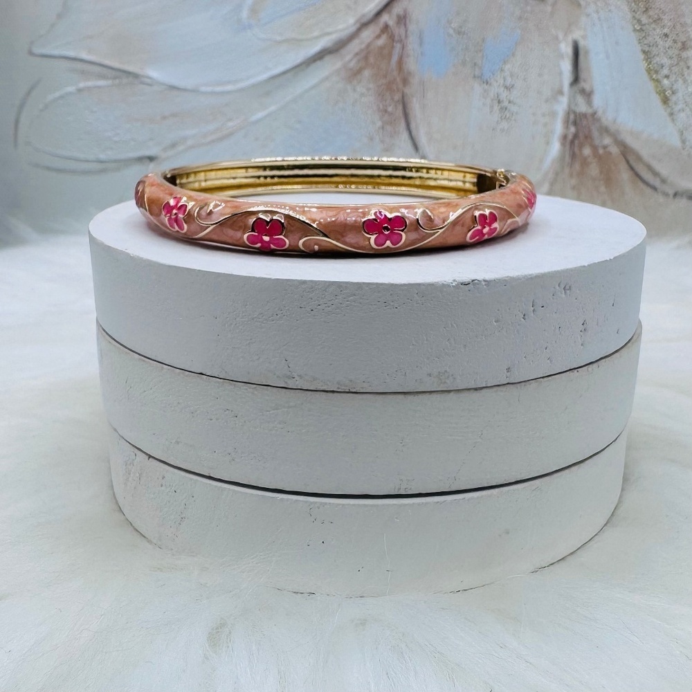 Pink Floral & Brown Enamel Cloisonne Bracelet Bangle